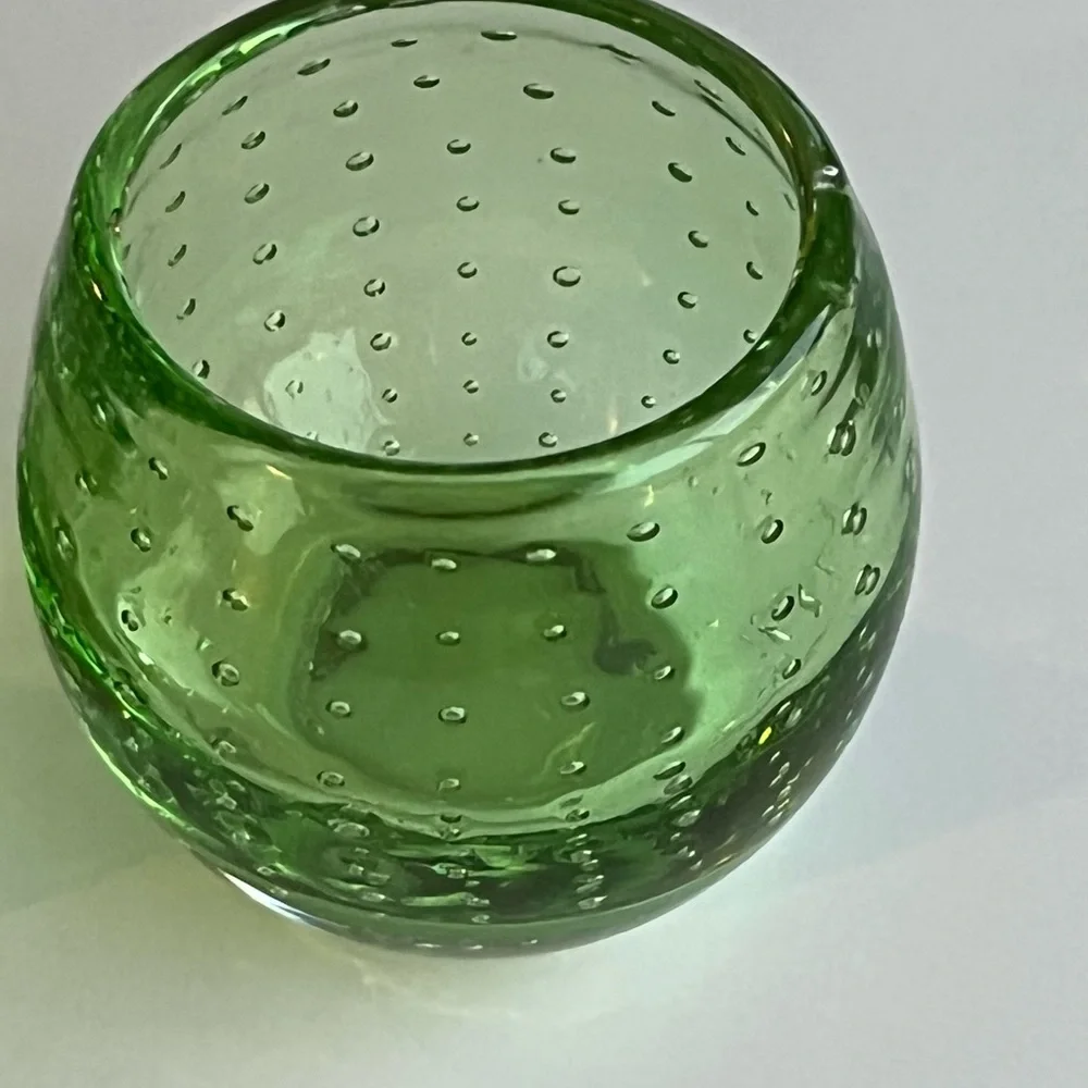Crate & Barrel “Pop” tealight lime green glass candle holders controlled bubble